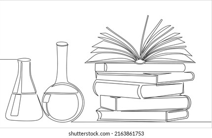 Continuous one line drawing of  books stack and laboratory glassware on white background. Isolated simple line modern graphic style. Hand drawn graphic concept for education