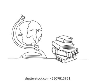 Continuous one line drawing of books and globe. Globe and books line art vector illustration, education concept.  Editable stroke.