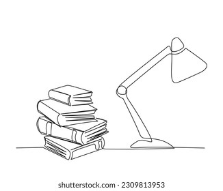 Continuous one line drawing of books and desk lamp. Desk lamp and  books line art vector illustration, education concept.  Editable stroke.