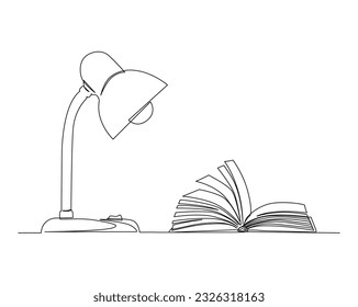 Continuous one line drawing of books and desk lamp. Desk lamp and books line art vector illustration. literacy, school, education concept. Editable stroke.