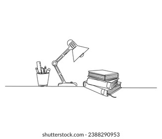 Continuous one line drawing of books table lamp and pen, ruler, pencil and brush in a glass.  education concept. Editable outline