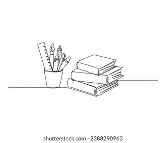 Continuous one line drawing of books and pen, ruler, pencil, brush in a glass.  education concept. Editable outline