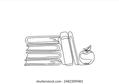 Continuous one line drawing of books stack and apple, minimalist vector illustration design on white background. Back to school concept. Hand drawn graphic concept for education