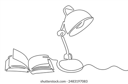 Durchgehende Ein-Linien-Zeichnung. Bücher mit Tischlampe. Bildungskonzept. Bearbeitbare Gliederung