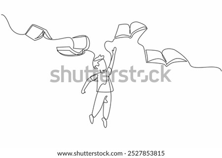 Continuous one line drawing the books flies and wants to be caught by the boy who is below it. High interest in reading. International of Children Book Day. Single line draw design vector illustration