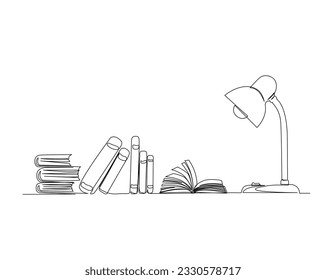 Continuous one line drawing of books,desk lamp and a cup coffee. School and education concept.  Editable stroke.