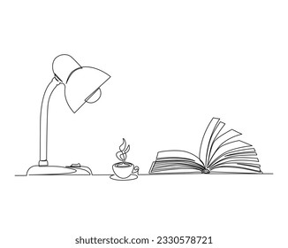 Continuous one line drawing of books,desk lamp and a cup coffee. School and education concept.  Editable stroke.