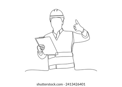 Continuous one line drawing The boss is checking project work. Construction worker in uniform and helmet doing work. Builder concept. Repair work services. Single line draw design.