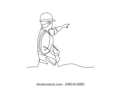 El dibujo continuo de una línea de un jefe está revisando su área minera. Mujer excavando y minando para cofre del tesoro en túnel subterráneo. Vector de diseño de dibujo de línea única