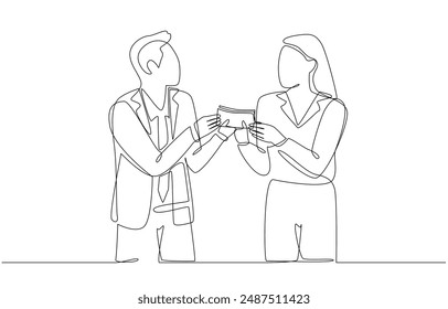 Continuous one line drawing of boss giving bonus to female employee, company year-end bonus concept, single line art.