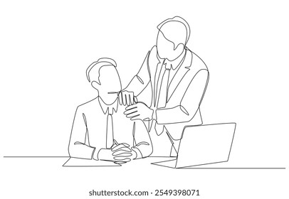 Continuous one line drawing of boss touching employee's shoulder, encouragement at work, single line art.