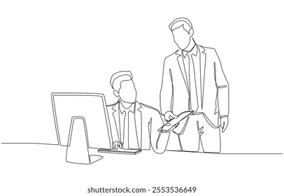 Continuous one line drawing of boss giving additional work to employee, assignment of work from supervisor concept, single line art