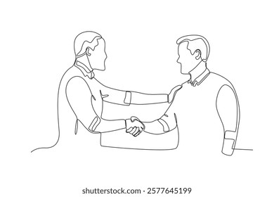 Continuous one line drawing a boss shaking hands with the best male employee. Single line draw design vector illustration
