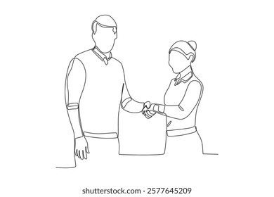 Continuous one line drawing a boss shaking hands with the best female employee. Single line draw design vector illustration
