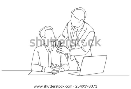 Continuous one line drawing of boss touching employee's shoulder, encouragement at work, single line art.