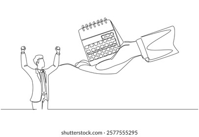 Continuous one line drawing of boss's hand holding calendar to show happy employee extra holidays, employee benefits concept, single line art