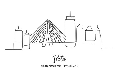 Continuous One Line Drawing Of Boston Skyline In The United State Of America.