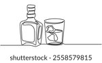 Continuous one line drawing. Bottle and glass of whiskey with ice. Vector illustration, Set of whiskey bottle and glass one line continuous drawing. Bourbon, scotch, brandy, hard drink icon. Hand draw