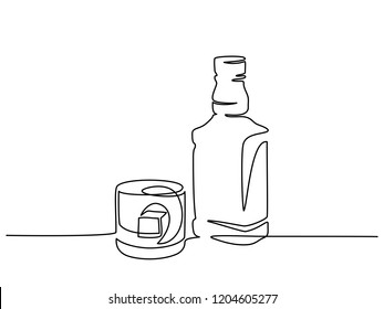 Continuous one line drawing. Bottle and glass of whiskey with ice. Vector illustration