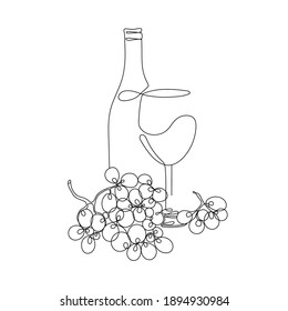 Continuous one line drawing. A Bottle of Wine with a Glass and Grapes. Vector illustration. Minimal abstract art. Black linear art on white background