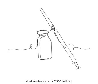 Dibujo continuo de una línea del frasco con la vacuna de la jeringa médica en silueta sobre un fondo blanco. Linear estilizado.