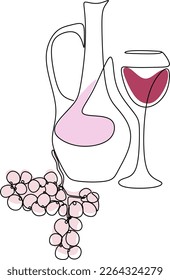 Dibujo continuo de una línea. Una botella de vino con vidrio y uvas. Ilustración vectorial. Arte abstracto mínimo. Arte lineal negro sobre fondo blanco con puntos coloridos