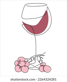 Dibujo continuo de una línea. Una botella de vino con vidrio y uvas. Ilustración vectorial. Arte abstracto mínimo. Arte lineal negro sobre fondo blanco con puntos coloridos