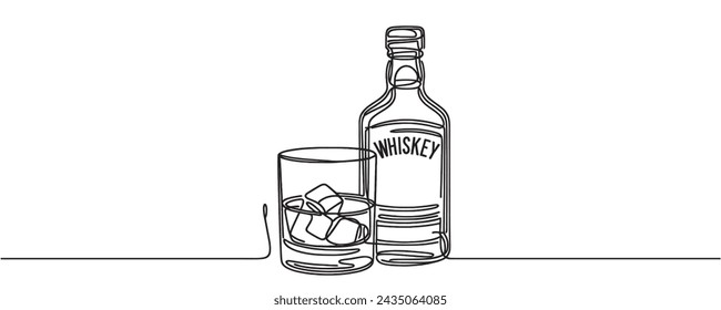 Continuous one line drawing. Bottle and glass of whiskey with ice. Vector illustration.