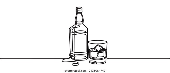 Continuous one line drawing. Bottle and glass of whiskey with ice. Vector illustration.