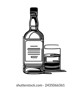 Continuous one line drawing. Bottle and glass of whiskey with ice. Vector illustration.