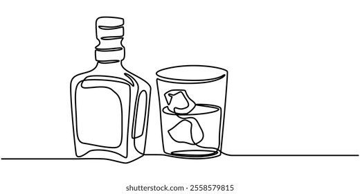 Continuous one line drawing. Bottle and glass of whiskey with ice. Vector illustration, Set of whiskey bottle and glass one line continuous drawing. Bourbon, scotch, brandy, hard drink icon. Hand draw