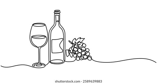 continuous one line drawing bottle of wine with wineglass and grape, wine drawn in one simple line, Beer glass and bottle one continuous line drawing vector illustration, pro minimalist concept style.
