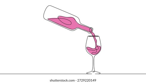 Continuous one line drawing of a bottle pouring pink wine into a glass. Drawing of a drink with editable black stroke on white background. Vector illustration.