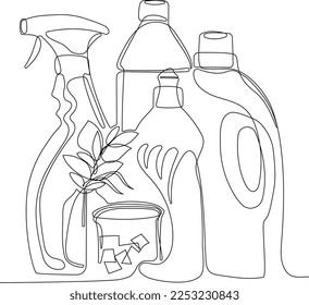 Continuous one line drawing of bottles for liquid laundry detergent, bleach, fabric softener, dishwashing liquid or another cleaning agent. Easy to place your text and brand logo. Vector illustration