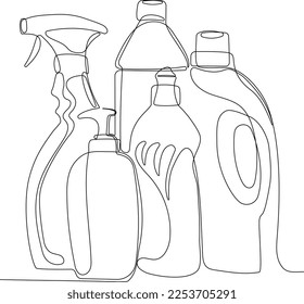 Continuous one line drawing of bottles for liquid laundry detergent, bleach, fabric softener, dishwashing liquid or another cleaning agent. Easy to place your text and brand logo. Vector illustration