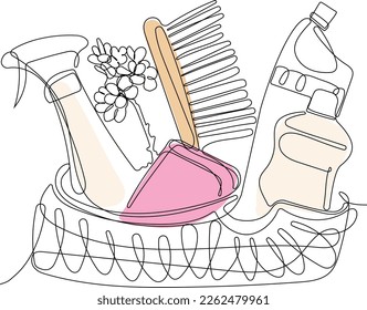 Continuous one line drawing of bottles for liquid laundry detergent, bleach, fabric softener, dishwashing liquid or another cleaning agent. Easy to place your text and brand logo. Vector illustration