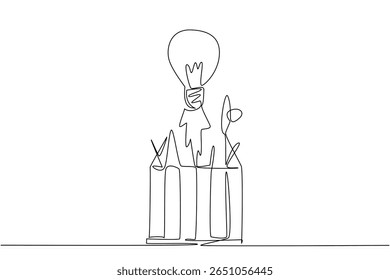 Uma linha contínua que desenha a parte inferior da lâmpada emite fogo como foguete voador destrói o topo da gaiola de ferro. Criatividade ilimitada. Dia Nacional da Criatividade. Ilustração de vetor de design de desenho de linha única