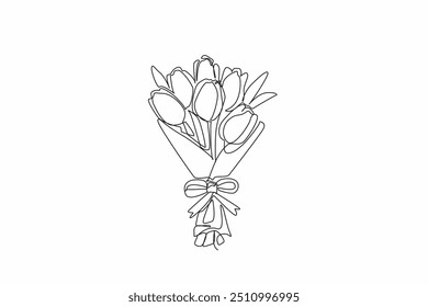 Continuous one line drawing bouquet of tulips. Celebrating mother's day with the favorite special flowers. Natural freshness. Fragrant. National Flower Day. Single line draw design vector illustration