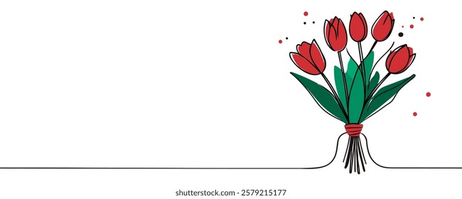 Continuous one line drawing bouquet of tulips. Spring concept. Single line draw design vector graphic illustration.