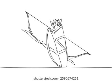 Continuous one line drawing the bow and arrows are in the quiver. Classic weapons that remain in use into the future. Train the focus. Game. Archery Day. Single line draw design vector illustration