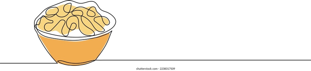 Continuous one line drawing of bowl of cornflakes breakfast. Healthy wheat cereal food concept. Vector minimalistic art.