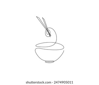 Continuous one line drawing of bowl and noodles with chopsticks. Chopsticks and bowl in single line vector illustration. Editable stroke.