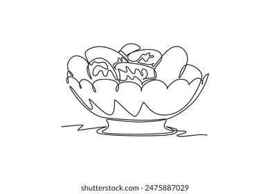 Continuous one line drawing a bowl of healthy organic fruit dates for orchard logo identity. Tropical Arabic fruitage concept for fruit garden icon. Single line draw design vector graphic illustration