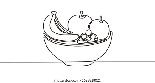 Dibujo continuo de una línea de un tazón lleno de varias frutas como manzana, plátano y uvas. Ilustración vectorial dibujada a mano.