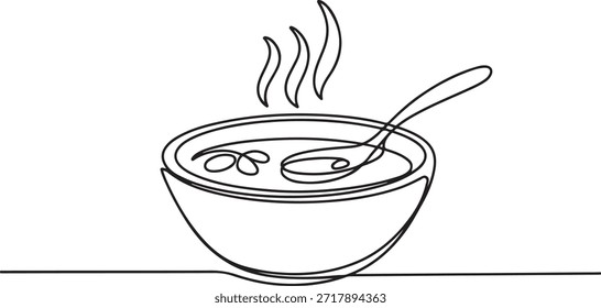 Kontinuierliche einzeilige Zeichnung einer mit heißer Suppe gefüllten Schüssel, fertig zum Essen präsentiert. einzeilige Symbolzeichnung
