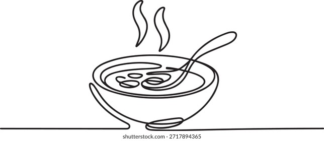 Kontinuierliche einzeilige Zeichnung einer mit heißer Suppe gefüllten Schüssel, fertig zum Essen präsentiert. einzeilige Symbolzeichnung
