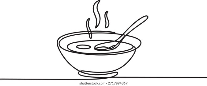 Dibujo continuo de una línea de un tazón lleno de sopa caliente, presentado listo para ser comido. dibujo de un icono de línea
