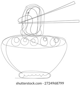 Dibujo continuo de una línea de tazón y fideos con palillos. Palillos y tazón en una sola línea de Ilustración vectorial. Trazo editable.