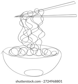 Desenho contínuo de uma linha de tigela e macarrão com pauzinhos. Pregadores e tigela em ilustração vetorial de linha única. Traçado editável.
