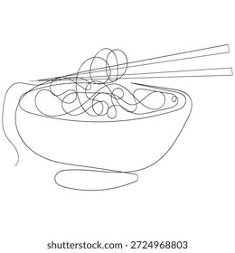 Desenho contínuo de uma linha de tigela e macarrão com pauzinhos. Pregadores e tigela em ilustração vetorial de linha única. Traçado editável.